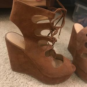 SOLD - ALDO Tan Suede Lace Up Platform Wedges 8.5